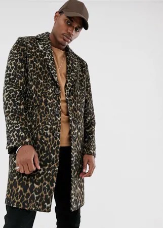 Пальто с добавлением шерсти и леопардовым принтом ASOS DESIGN-Черный