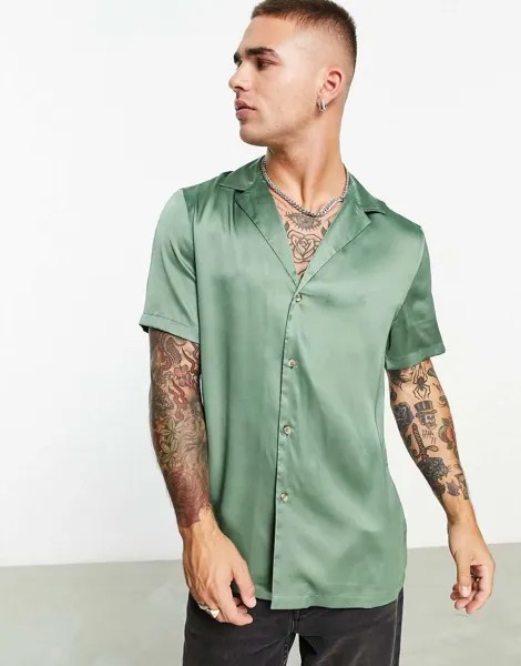 Атласная рубашка темно-зеленого цвета с глубоким вырезом ASOS DESIGN