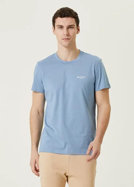 Кремово-синяя футболка из органического хлопка с логотипом Balmain