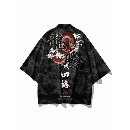 Карнавальные костюмы кардиган шелковый оверсайз кимоно накидка хаори Дракон Красный аниме японский стиль Размер XL (175-190)