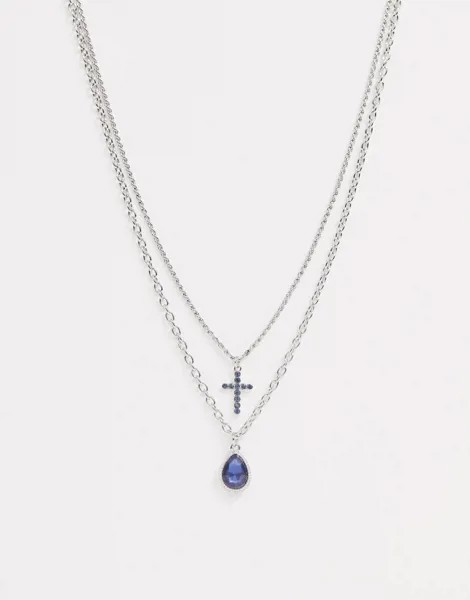 Серебристое ожерелье-цепочка в несколько рядов с подвеской-крестом Uncommon Souls-Синий
