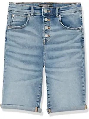 Женские синие джинсовые шорты-бермуды GUESS с карманами на пуговицах и закатанными манжетами 14