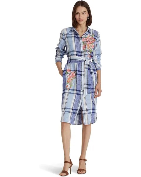 Платье LAUREN Ralph Lauren Petite Floral & Plaid Linen Shirtdress, цвет Blue/White