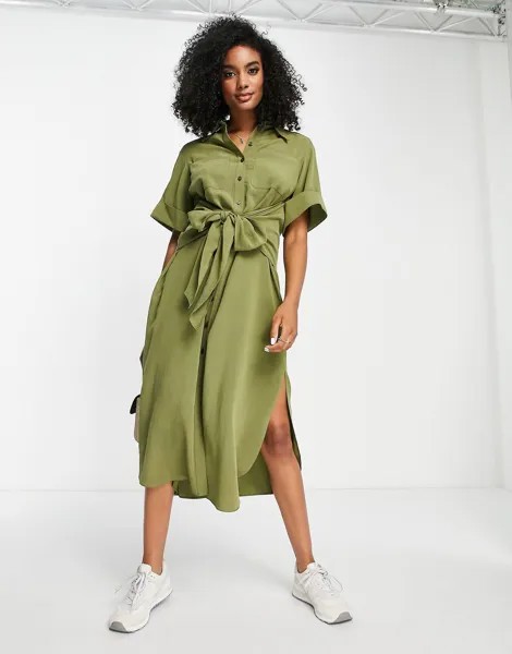 Зеленое плиссированное платье-рубашка миди с завязками спереди Topshop