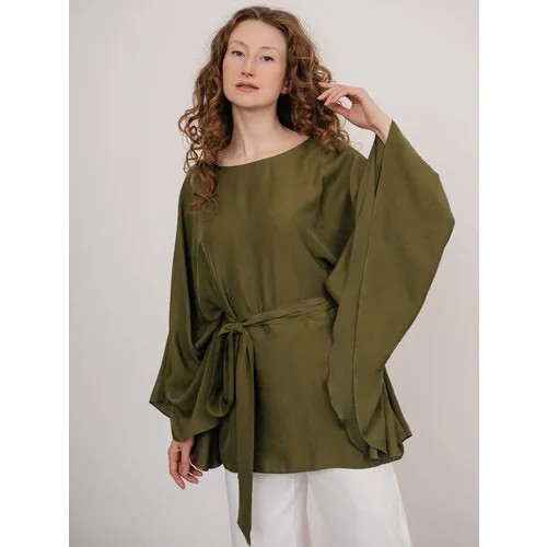 Блуза  Модный Дом Виктории Тишиной, повседневный стиль, оверсайз, укороченный рукав, пояс/ремень, однотонная, размер One Size, хаки, зеленый