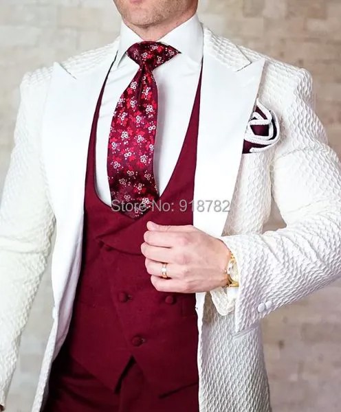 Костюм Homme Mariage 2019, белое пальто, бордовый жилет, брюки, приталенный силуэт, костюмы для жениха