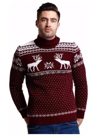 Мужской свитер с высоким горлом, скандинавский орнамент с Оленями, натуральная шерсть, темно-бордовый цвет, размер S