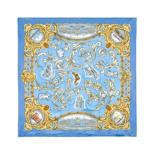 Платок Павловопосадская платочная мануфактура,89х89 см, голубой, золотой