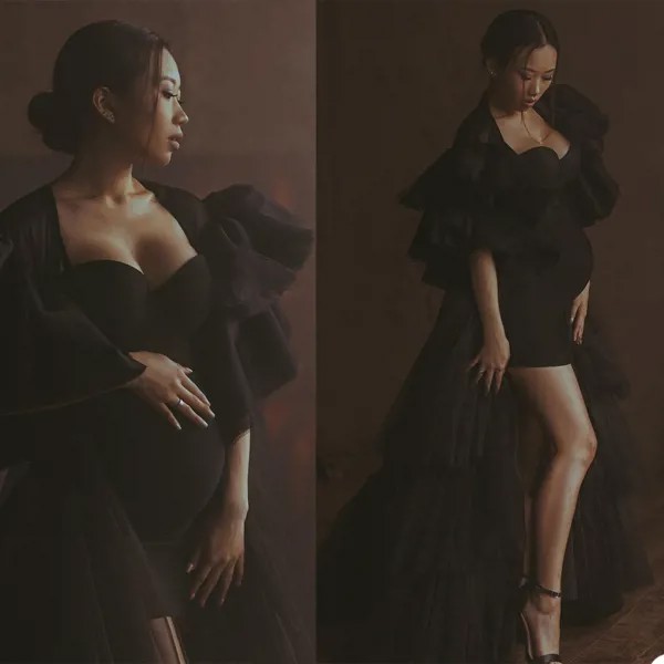Женское платье-кимоно с оборками, черное платье для фотосессии, платье для выпускного вечера с дополнительным пышным рукавом, платье для беременных