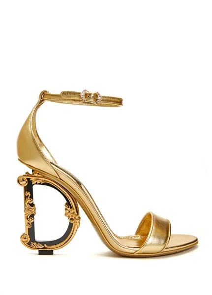 Золотые женские кожаные босоножки на каблуке с логотипом Dolce&Gabbana