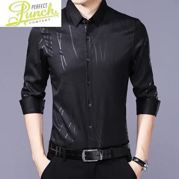Для Мужчин Весенняя футболка с длинными рукавами полосатая рубашка из натурального шелка корейские туфли-лодочки, цвета: черный, мужские рубашки свободного покроя Slim Fit 2021 Camisa Masculina KJ1976