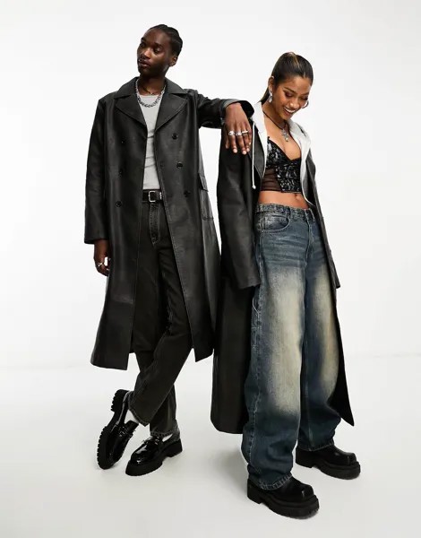 Пальто Reclaimed Vintage Faux Leather Look Longline Unisex, черный