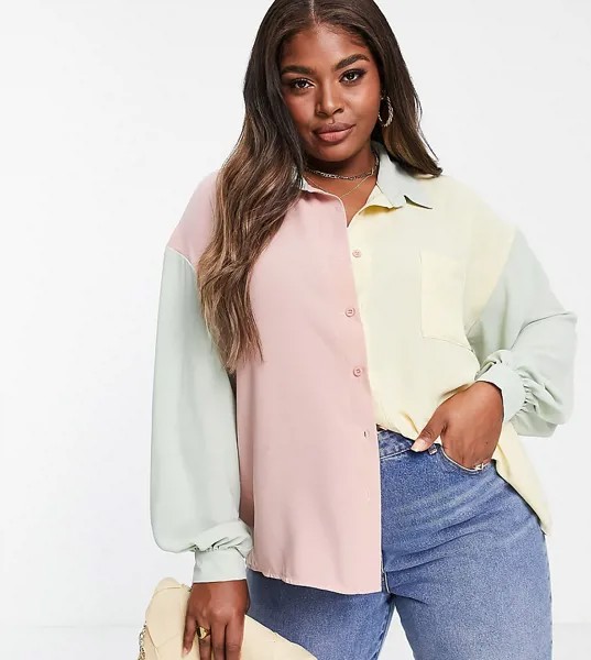 Многоцветная рубашка в стиле oversized с контрастным дизайном пастельных тонов In The Style Plus x Billie Faiers-Разноцветный