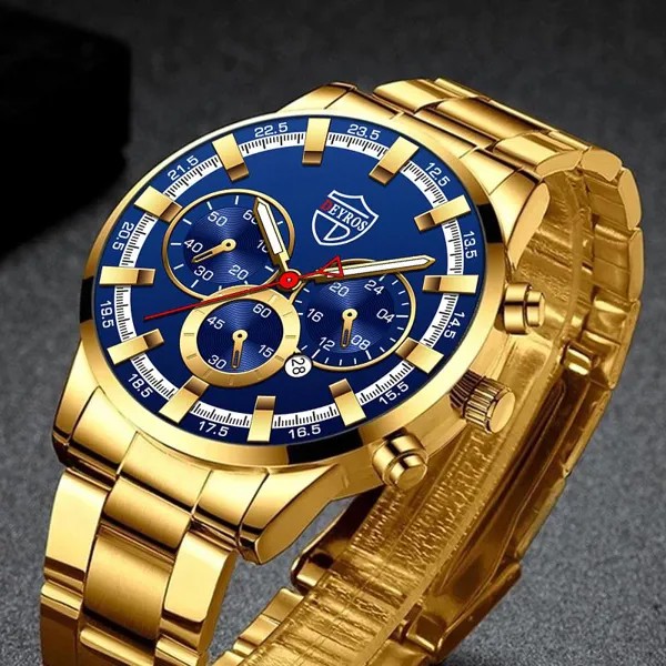 Мода Мужские часы Роскошные мужские спортивные часы Золото Нержавеющая сталь Кварцевые наручные часы Man Business Casual Кожаные часы