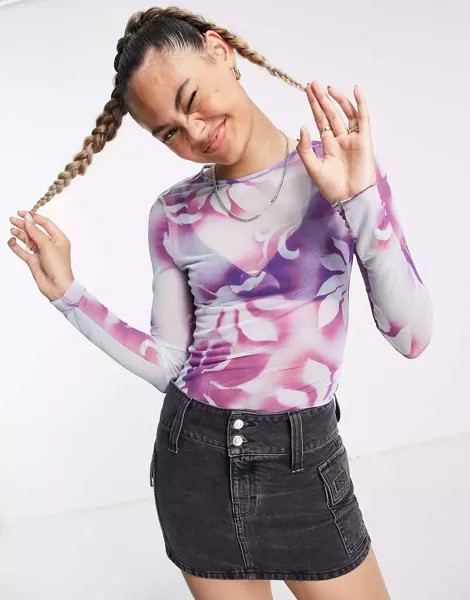 Сетчатый топ с длинными рукавами и фиолетовым цветочным принтом Weekday