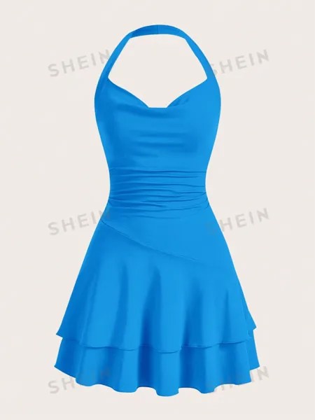 SHEIN MOD однотонное женское платье с бретелькой на шее и многослойным подолом, синий