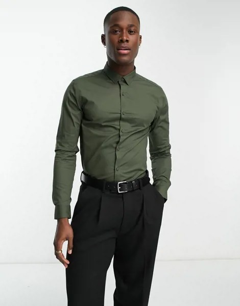 Обтягивающая рубашка цвета хаки из поплина с длинными рукавами New Look-Зеленый цвет