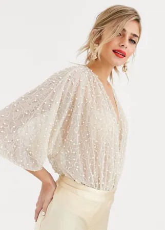 Боди с запахом и искусственным жемчугом ASOS DESIGN-Белый