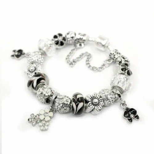 Браслет-цепочка Handinsilver ( Посеребриручку ) Браслет с шармами на основе из бижутерной стали, стекло, муранское стекло, стразы, 1 шт., размер 19 см, черный