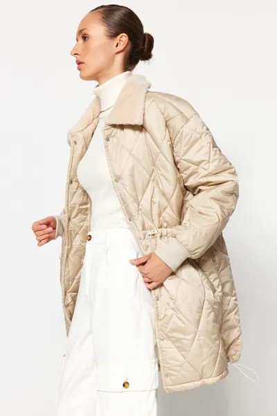 Пальто Trendyol норковое оверсайз с плюшевой отделкой на воротнике и застежкой-кнопкой, бежевый