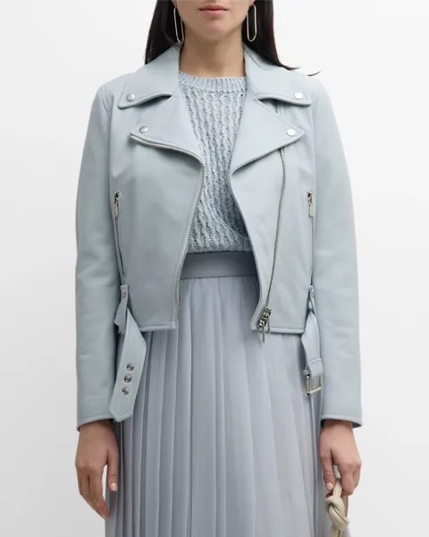 Укороченная кожаная байкерская куртка на молнии спереди Eleventy, цвет Baby Blue