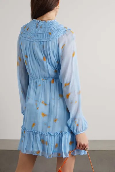 JASON WU Ярусное мини-платье с оборками и цветочным принтом из шелкового крепона, светло-синий