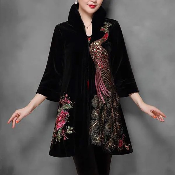 Зимний женский винтажный Кардиган большого размера в китайском стиле с вышивкой павлина, золотой бархатный тренчкот с 3D принтом, Женская ве...