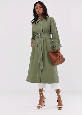 Макинтош с контрастными строчками и пуговицами ASOS DESIGN-Зеленый