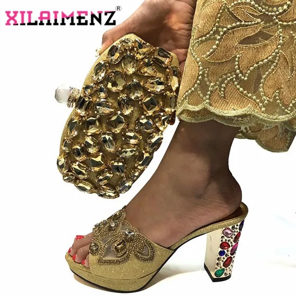 Женские туфли-лодочки и сумка, туфли золотого цвета с большими кристаллами, в итальянском стиле, свадебные тапочки, 2019