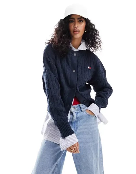Темно-синий кардиган косой вязки с логотипом Tommy Jeans