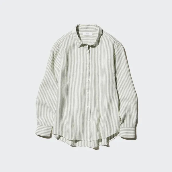 Рубашка UNIQLO в полоску льняная премиум-класса с длинными рукавами, зеленый