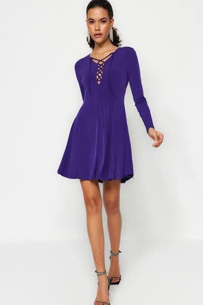 Фиолетовое элегантное вечернее платье с открытой талией/плиссированной талией и завязками Trendyol, фиолетовый