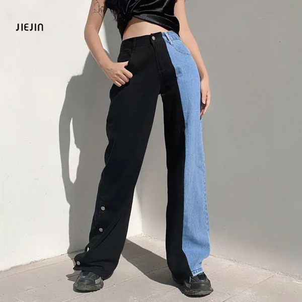 Лоскутные свободные джинсы с широкими штанинами, повседневные женские брюки в стиле хип-хоп, тонкие модные джинсы, осень 2020, уличная версия ...