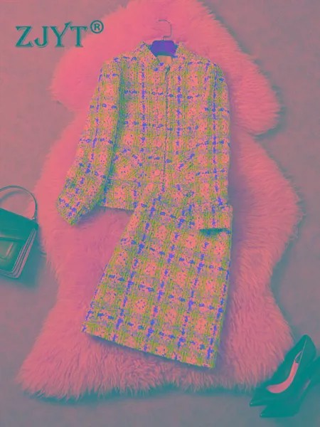 ZJYT Роскошный дизайнерский клетчатый твидовый комплект из куртки и юбки с бисером для женщин осенне-зимние наряды вечерние офисные костюмы