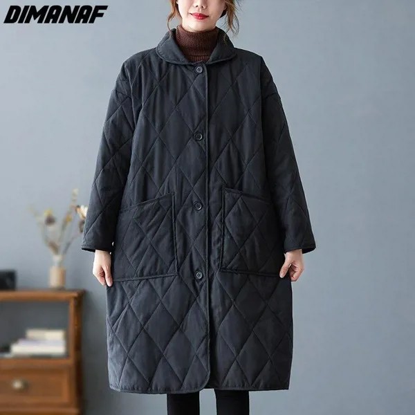 DIMANAF Осень Зима Parkas Хлопок Одежда Толстая куртка Пальто Верхняя одежда Женщины с длинным рукавом Карманы Свободный оверсайз Леди Пальто