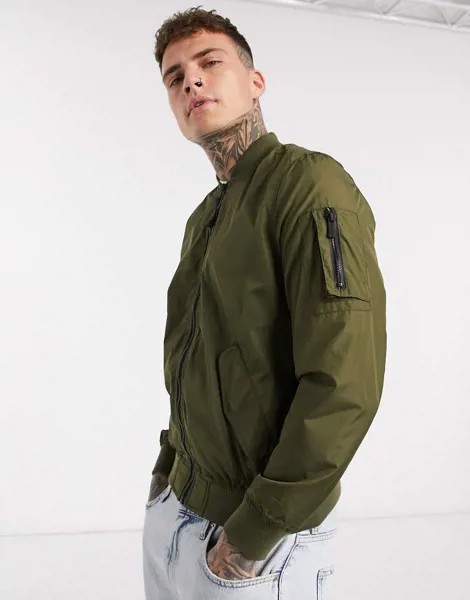 Бомбер цвета хаки Bershka-Зеленый цвет