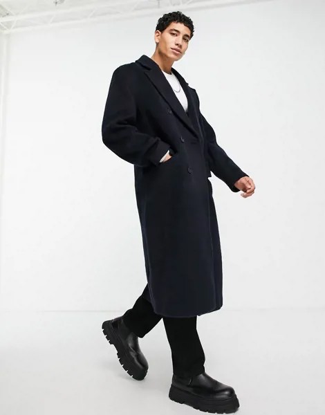 Удлиненное пальто в стиле extreme oversized темно-синего цвета из фактурной смесовой шерсти ASOS DESIGN-Темно-синий