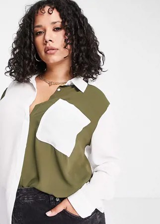 Рубашка в стиле колор блок цвета слоновой кости и цвета хаки ASOS DESIGN Curve-Разноцветный