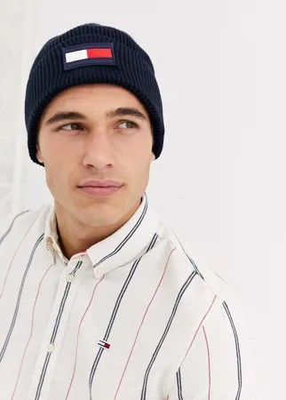 Темно-синяя шапка-бини с фирменным флажком Tommy Hilfiger-Темно-синий