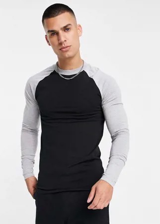 Черный лонгслив с рукавами реглан контрастного серого меланжевого цвета ASOS DESIGN-Черный цвет