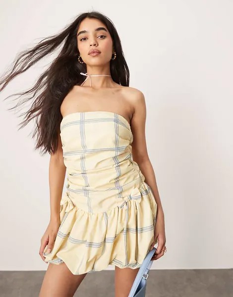 ASOS DESIGN – Ultimate – Желто-синее мини-платье-бандо в клетку с пышной юбкой с бантом