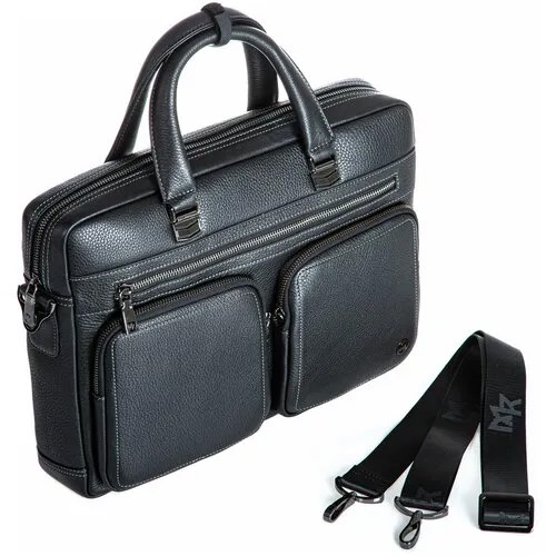 Портфель Morelly Grande MR-3496-1, натуральная кожа, гладкая фактура, на молнии, карман для планшета, отделение для ноутбука, вмещает А4, водонепроницаемый, с плечевым ремнем, для мужчин, черный