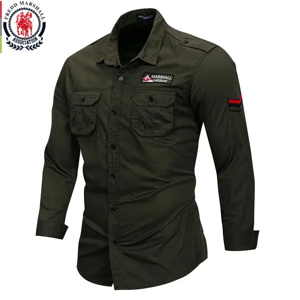 Fredd Marshall 2021 Новый 100% хлопок Военная рубашка Мужчины с длинным рукавом Повседневное платье Мужская грузовая рабочая рубашка с вышивкой 115