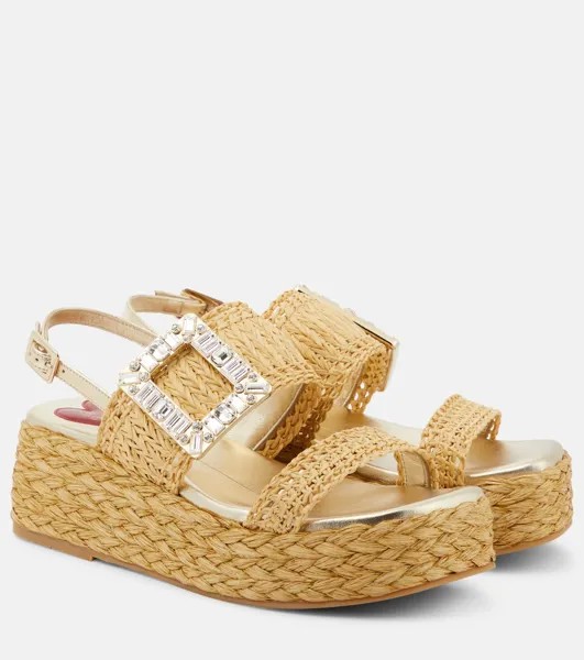 Украшенные босоножки на платформе из рафии Roger Vivier, бежевый