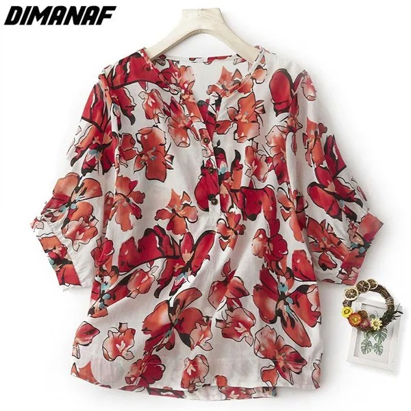 DIMANAF 2023 Плюс Размер Блузка Лето Новая футболка Женщины Цветочный узор Принт Свободный Повседневный Базовый V-образный вырез Топы Красный