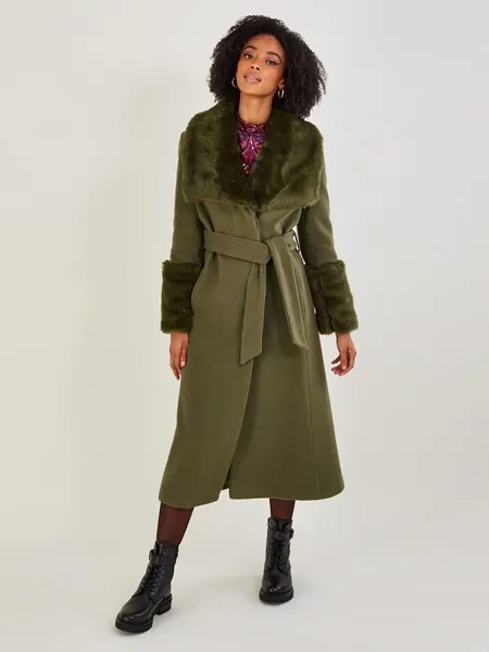 Шерстяное пальто Monsoon Sadie с воротником из искусственного меха, зеленое
