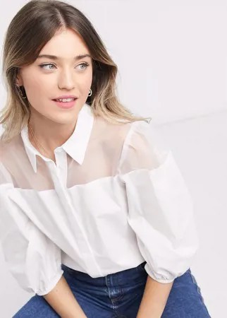 Белая хлопковая рубашка с длинными рукавами и вставкой из органзы ASOS DESIGN-Белый