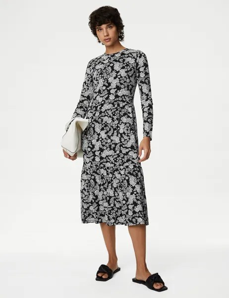 Многоярусное платье миди с круглым вырезом и принтом из джерси Marks & Spencer, черный микс