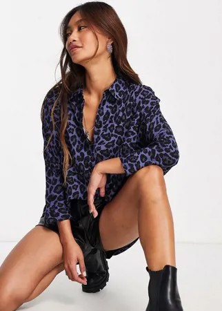 Синяя oversized-рубашка с длинными рукавами и леопардовым принтом ASOS DESIGN-Разноцветный
