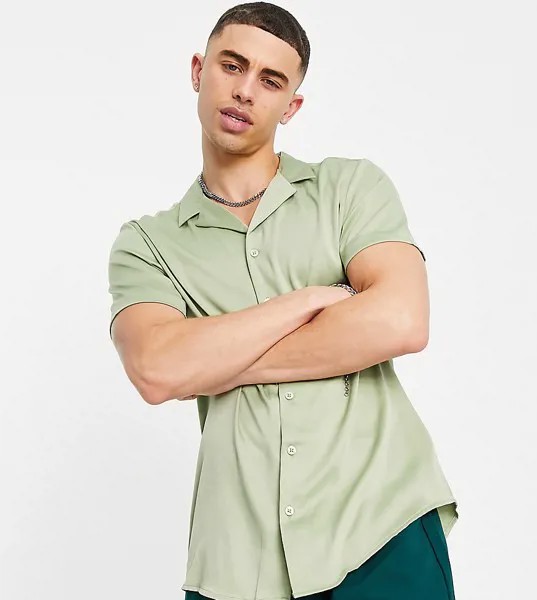 Атласная рубашка цвета хаки с короткими рукавами New look-Зеленый цвет